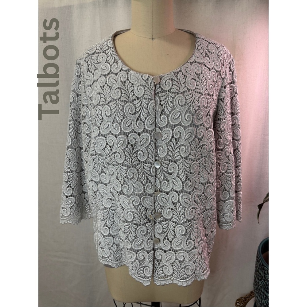 Talbots Lace Cardigan Jacket Gray Silver Size 14 Dressy Elegant Flaw/Stain Front